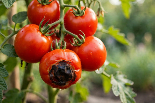 Photorealistic close-up of ripe red tomatoes on the vine, one flipped to show a blackened bottom, soft garden background, no text in image
