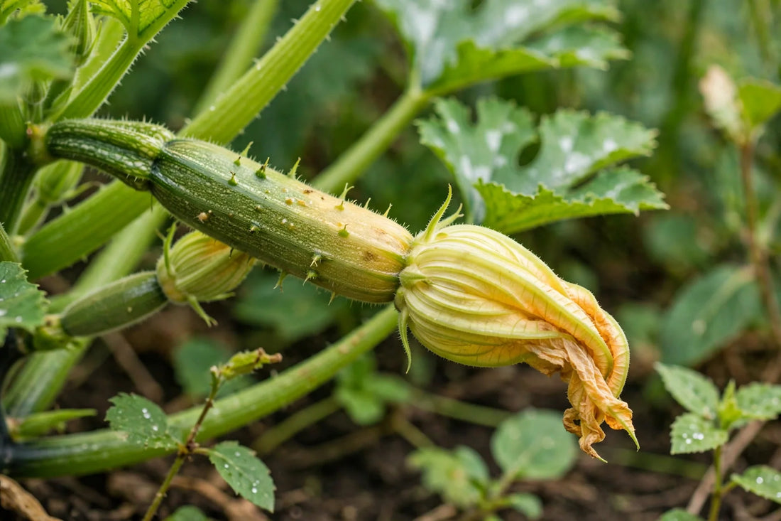 Young zucchini on the plant, one small fruit yellowing and softening at the blossom end.