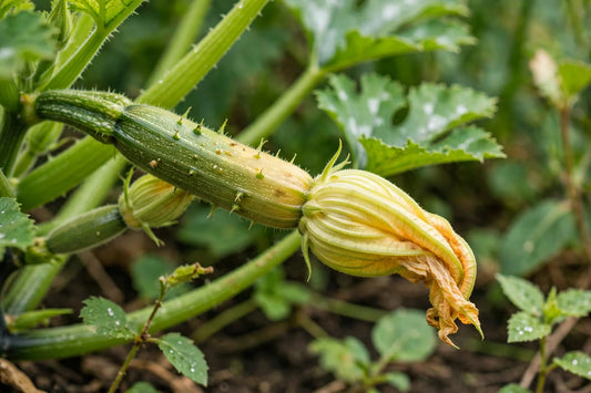 Young zucchini on the plant, one small fruit yellowing and softening at the blossom end.