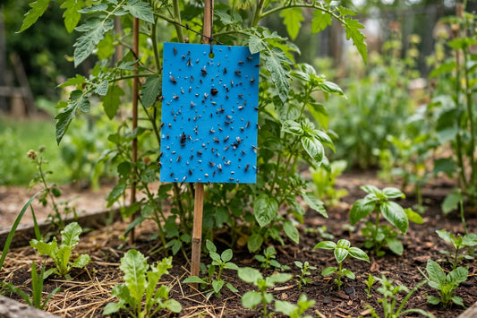 blue sticky trap hanging in a garden bed at canopy height with small trapped insects visible