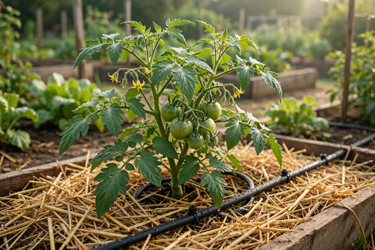 Healthy tomato plant with straw mulch and drip irrigation line in a vegetable garden