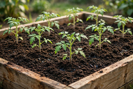 Wooden raised bed with loose, dark, well-draining soil around healthy young tomato plants — no standing water after watering