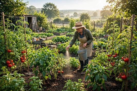 Lush vegetable garden with tall tomato and pepper plants where a gardener spreads fertilizer