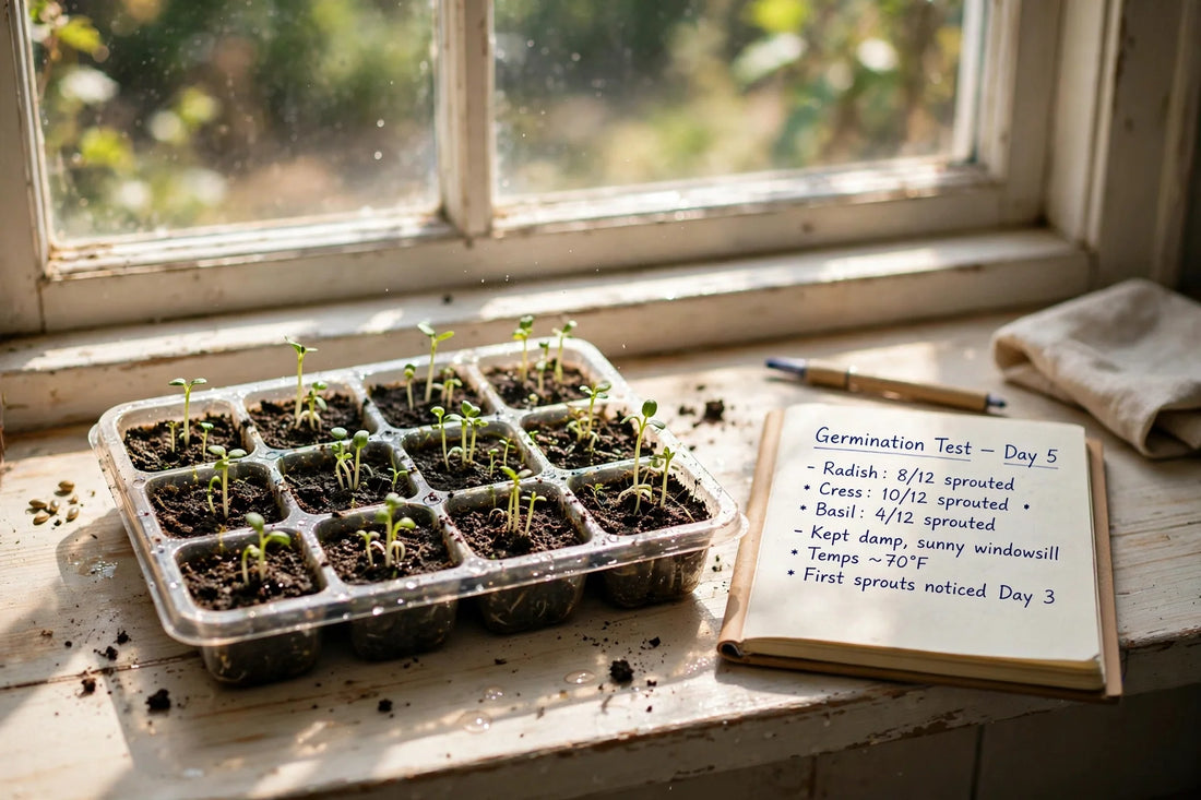 Sunny windowsill with a germination test tray of sprouting seeds, notebook and pen beside it