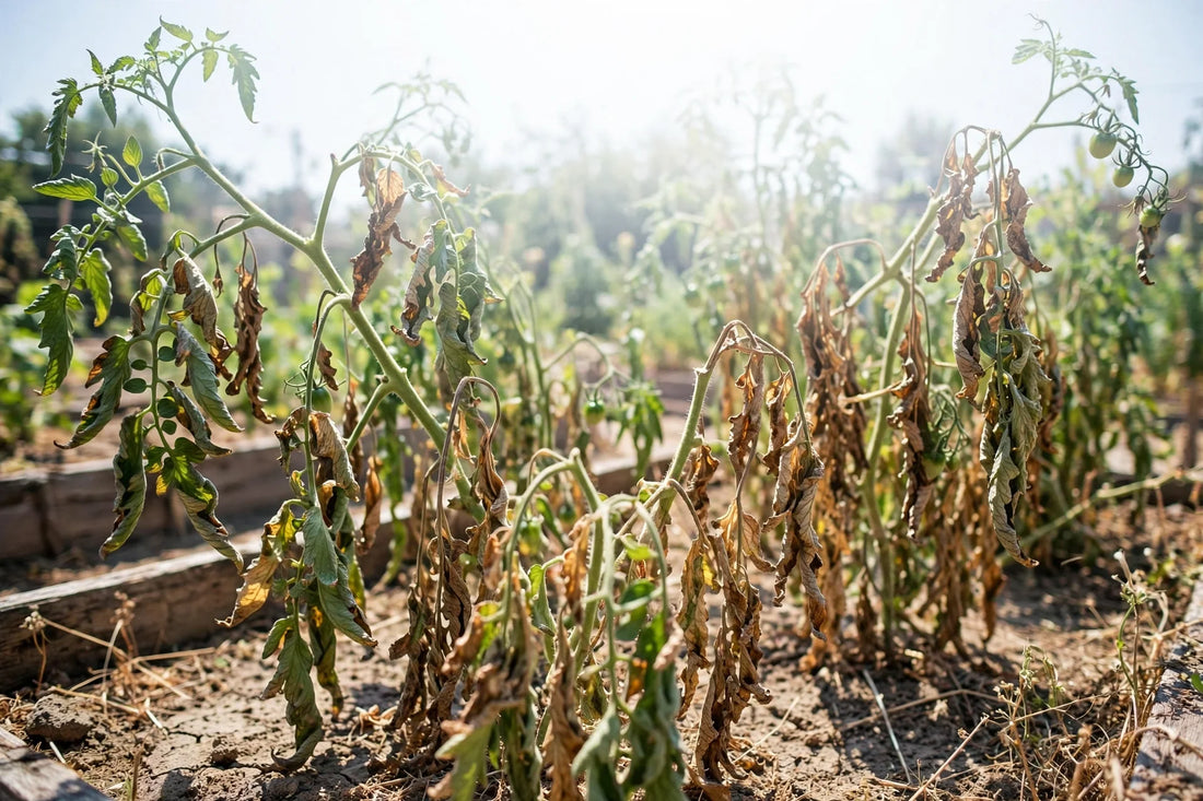Tomato plants wilting and drooping with scorched, curled leaf edges under intense midday summer sun