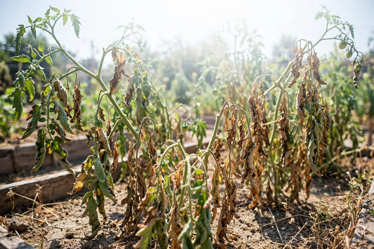 Tomato plants wilting and drooping with scorched, curled leaf edges under intense midday summer sun