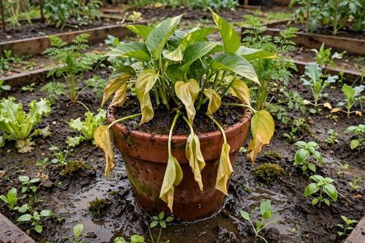 Drooping yellowed houseplant in a terracotta pot sitting in a waterlogged outdoor garden bed with standing water