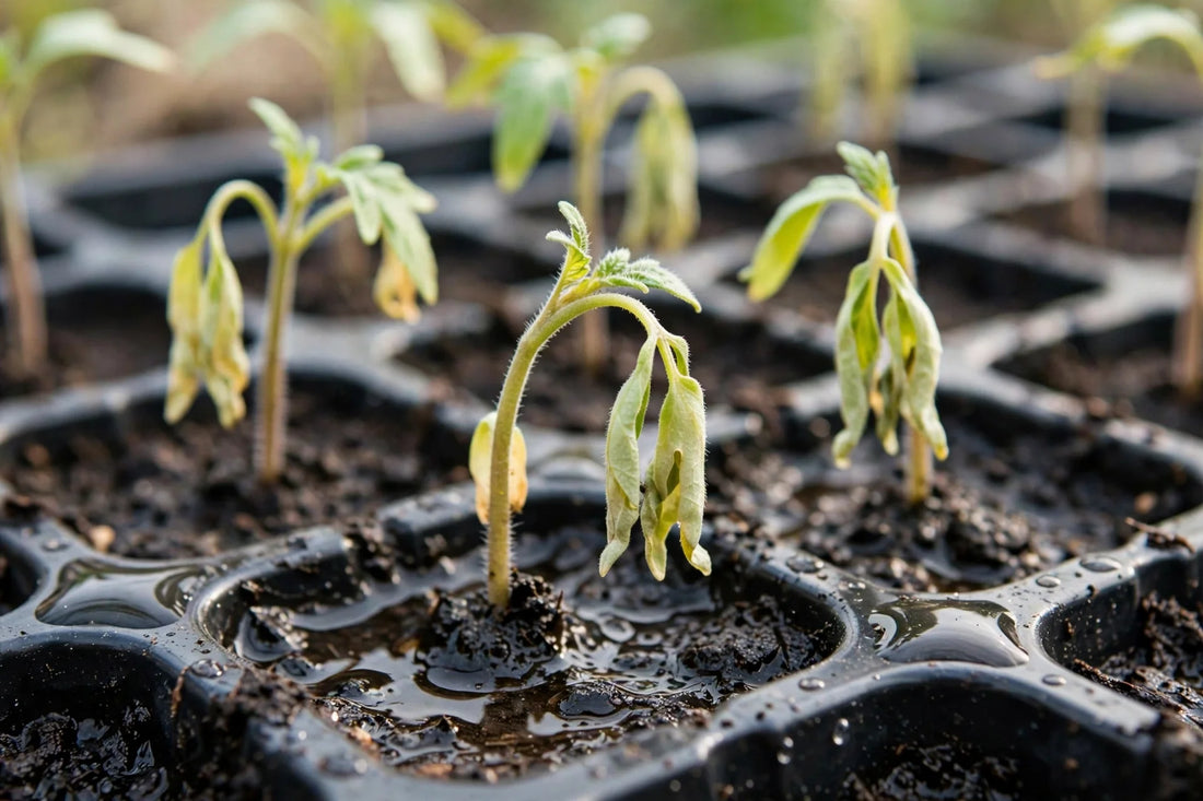 Drooping yellowish tomato seedlings in a seed tray with soggy, saturated seed-starting mix and pooled water