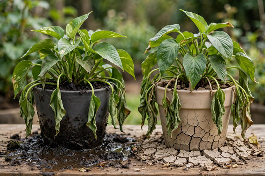 Two potted green plants side by side, one in dark wet soggy soil, one in pale dry cracked soil, both drooping — neutral diagnostic comparison