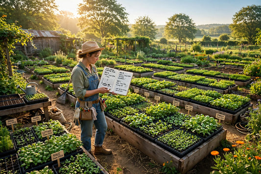 Gardener planning a planting calendar with labeled seedling trays in a sunny vegetable garden