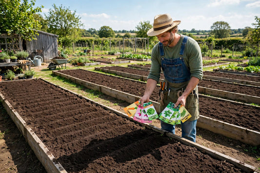 Vegetable garden bed with neat soil rows ready for planting as a gardener holds seed packets