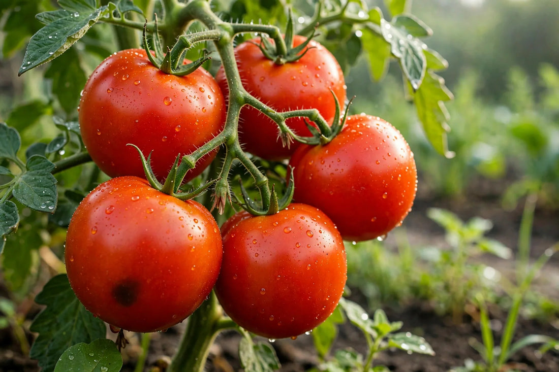 Photorealistic close-up of tomatoes on the vine, one with a soft dark spot on its side, morning light in a vegetable garden, no text in image