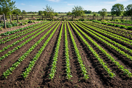 Vegetable garden with perfectly even rows of young green plants stretching to a fence