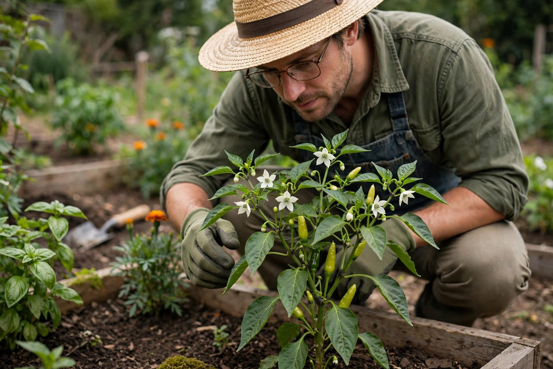pepper plant with white flowers and small developing peppers, gardener inspecting blooms
