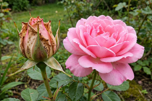 rose bud with brown thrips-damaged petal edges next to a perfect healthy bloom