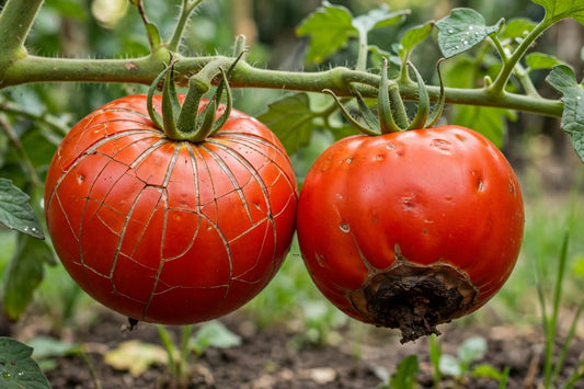 Ripe tomatoes on the vine comparing radial cracking and blossom-end rot