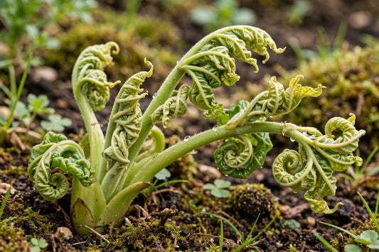 close-up of twisted and curled new plant growth with distorted young leaves