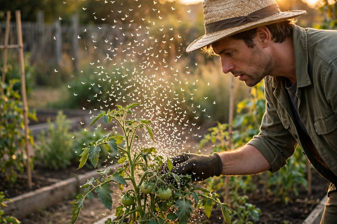 Gardener discovering a cloud of whiteflies rising from a tomato plant at golden hour
