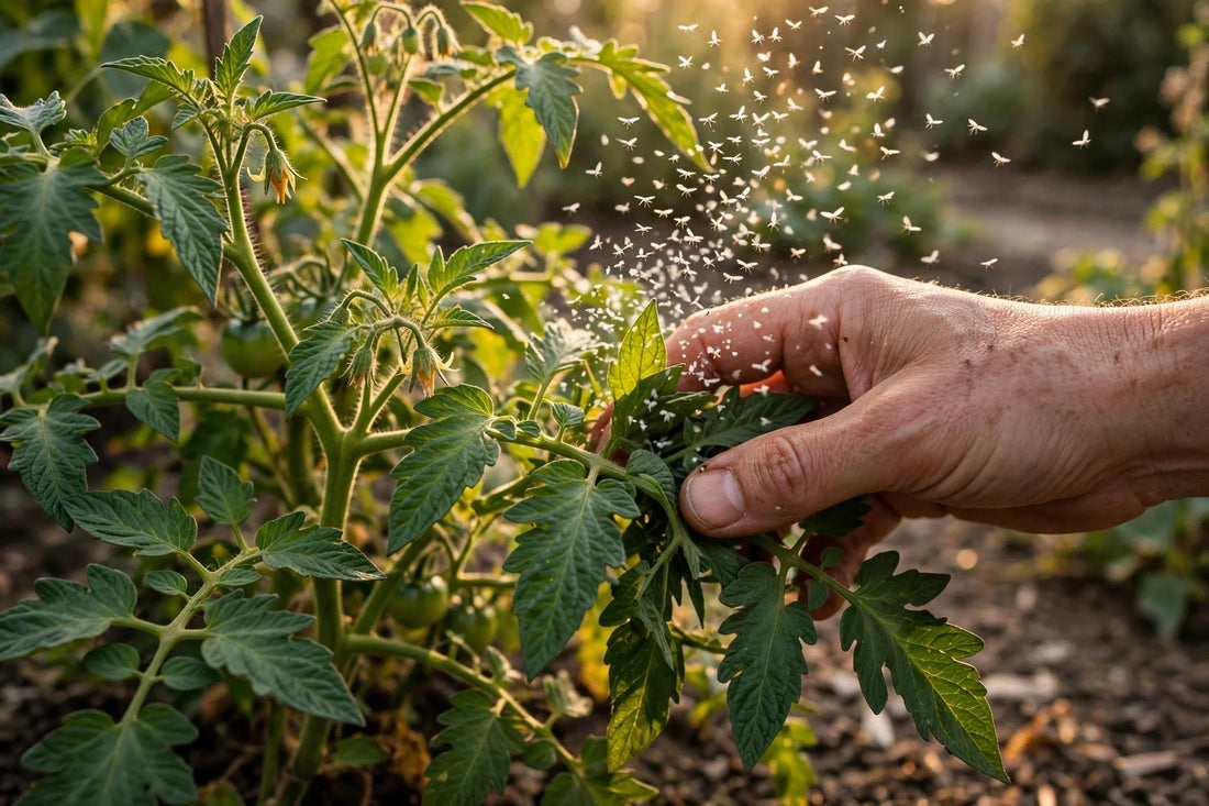 Gardener's hand brushing a tomato plant as a small cloud of tiny white insects rises from the leaves in warm afternoon light