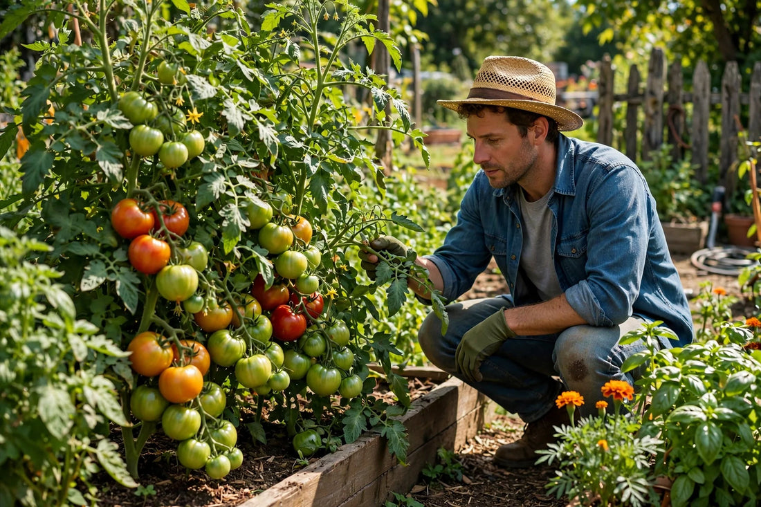 Lush tomato plants heavy with ripening fruit in a sunny garden, gardener inspecting the foliage