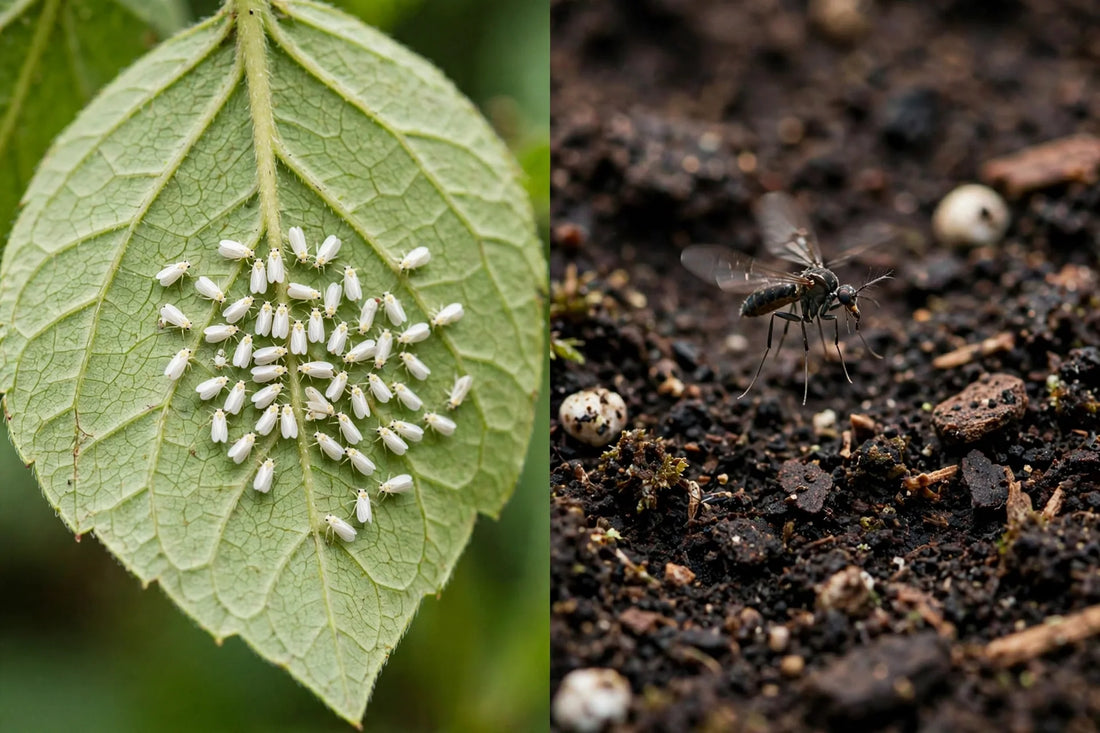 Split comparison showing whiteflies clustered on a leaf underside beside a fungus gnat hovering over potting soil