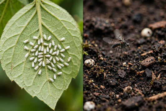 Split comparison showing whiteflies clustered on a leaf underside beside a fungus gnat hovering over potting soil