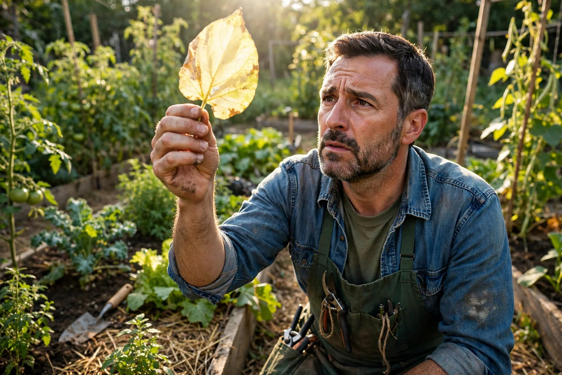 Gardener holding a pale yellowing leaf up to the light in a vegetable garden