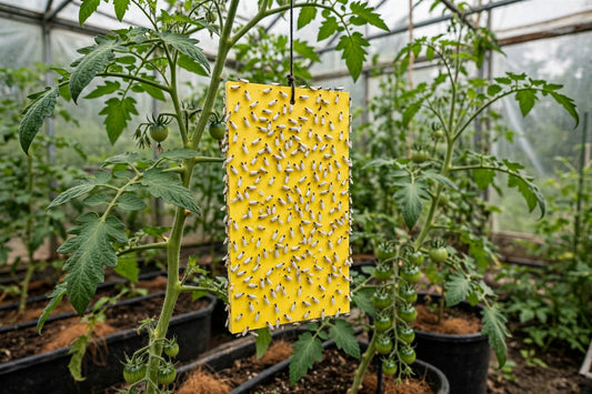 Yellow sticky trap covered with tiny caught whiteflies hanging in a greenhouse among tomato plants