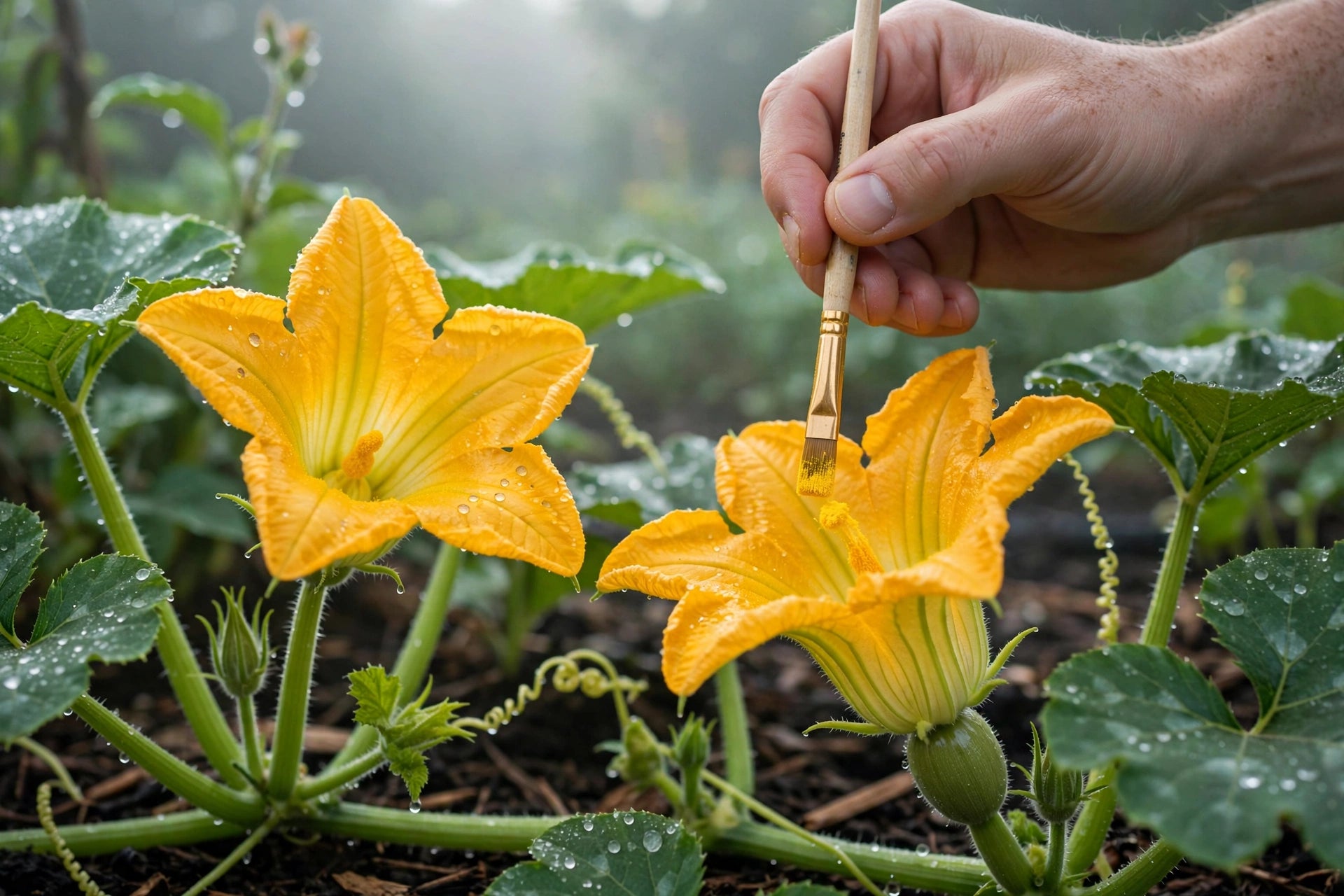 Hand dabbing pollen from a male squash flower onto a female flower with a small paintbrush