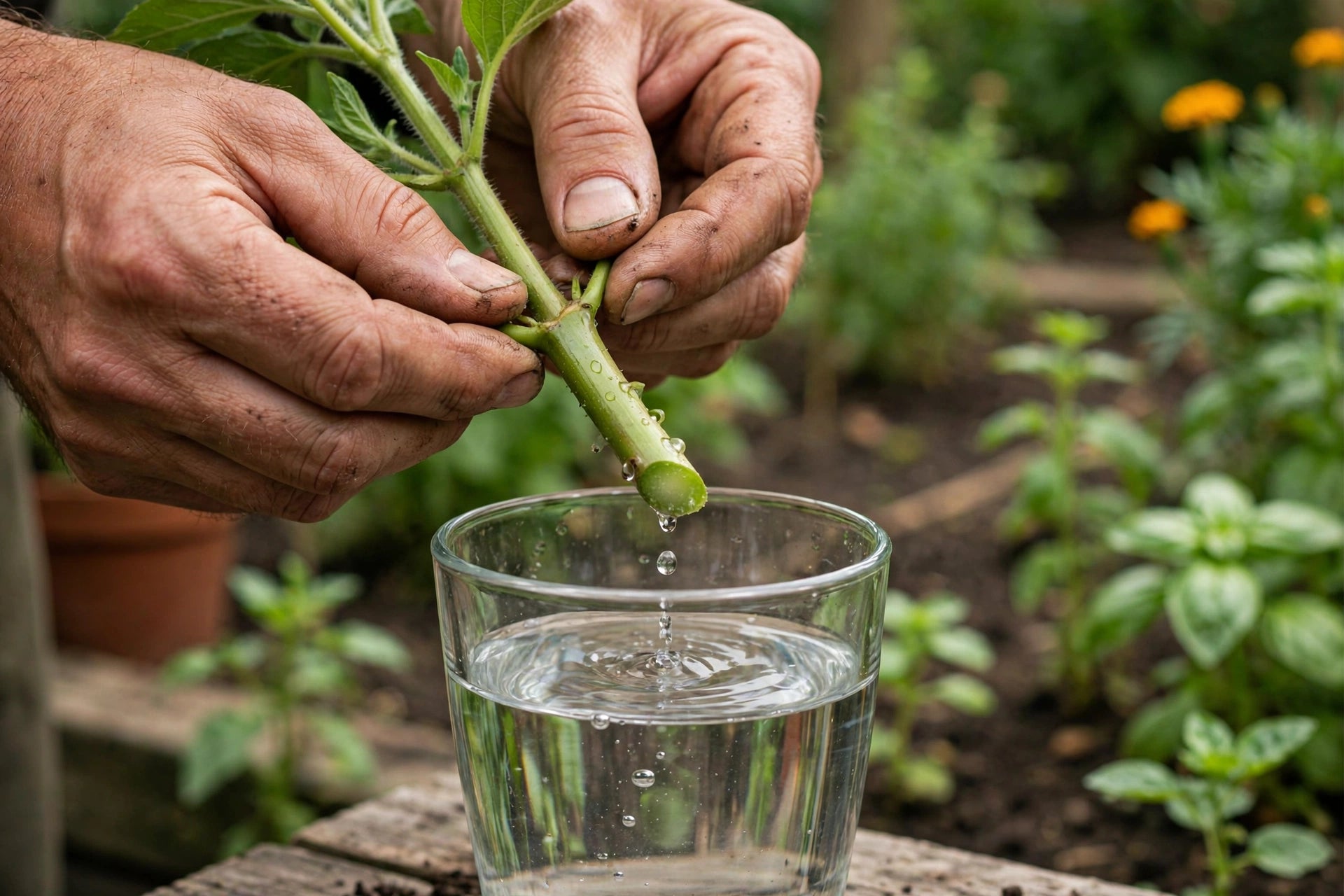 Photorealistic image of a gardener's hands holding a freshly cut green stem over a clear glass of water for a plant diagnostic test, garden background, no text in image