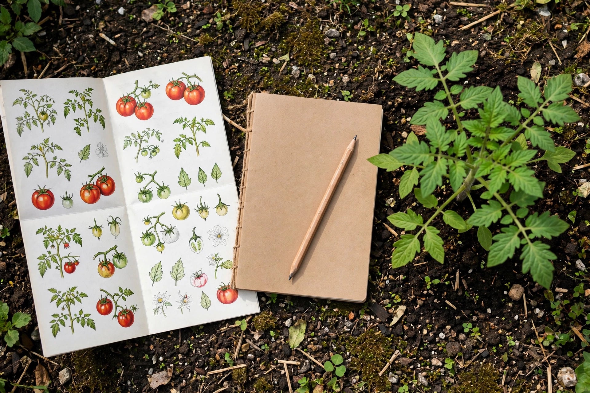 Photorealistic flat-lay of a seed catalog, notebook, and pencil beside a healthy young tomato plant in a garden bed, no text in image
