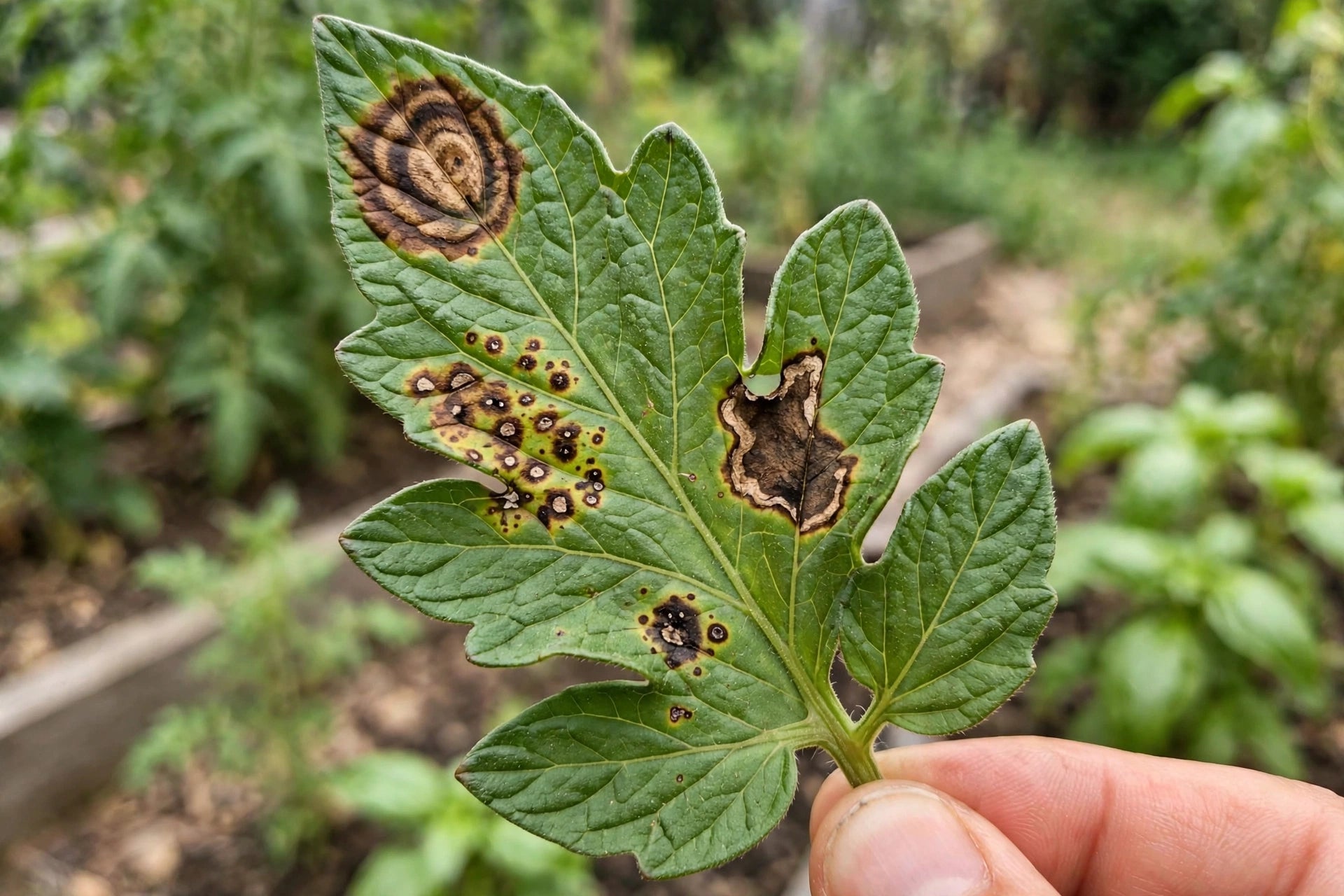 Photorealistic close-up of a tomato leaf with several brown spots of different types for comparison, held against a blurred vegetable garden background, natural daylight, no text in image