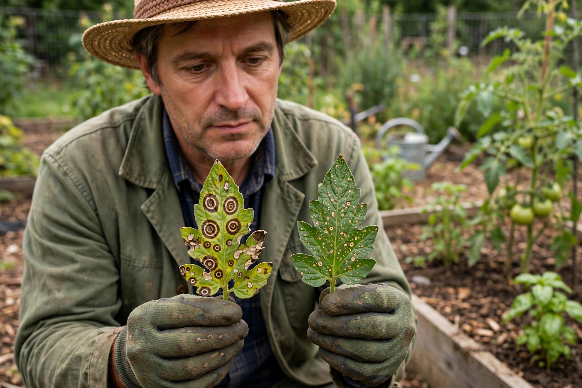 Photorealistic image of a gardener comparing two tomato leaves side by side, one with target-ring spots and one with small pale-centered spots, garden bed in background, no text in image