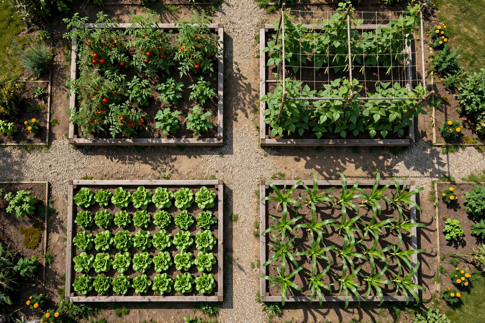Photorealistic overhead view of a vegetable garden with four raised beds in rotation: tomatoes, beans, lettuce, and corn sections, wooden bed frames, sunny day, no text in image