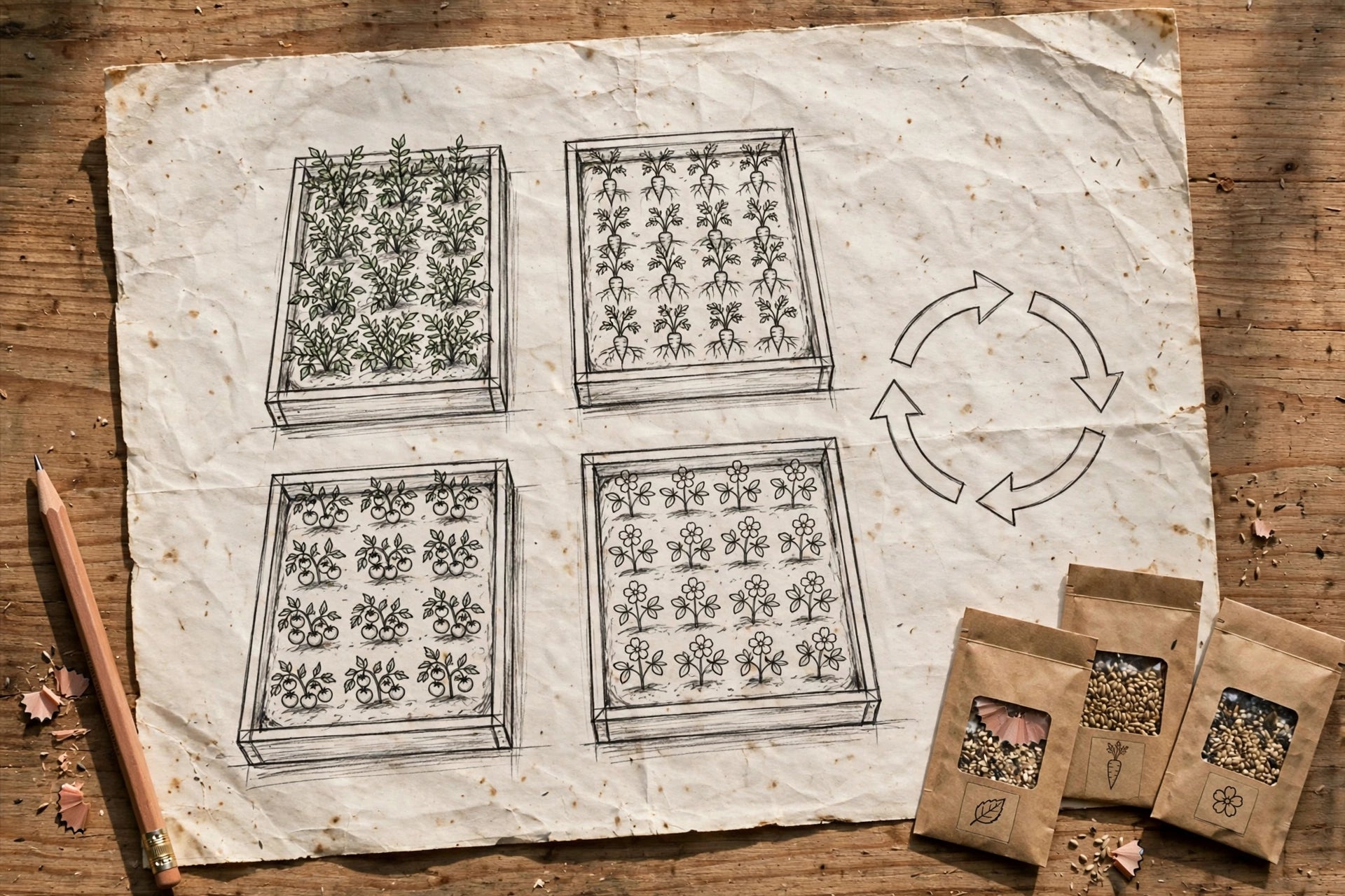 Photorealistic hand-drawn style garden map on paper showing four labeled raised beds with a 3-year rotation arrow cycle, pencil and seed packets beside it, no text in image