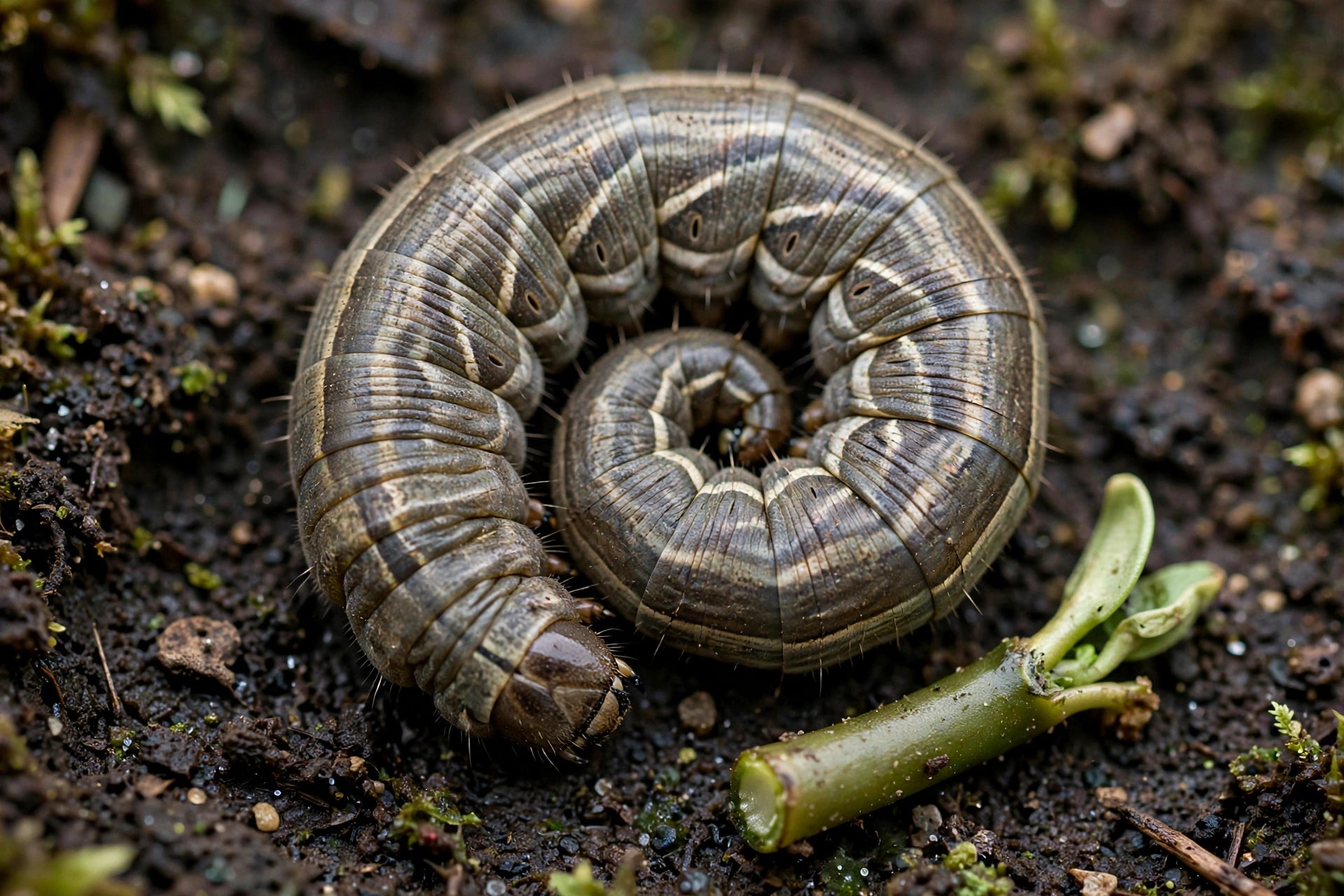 close-up of a gray-brown cutworm curled into a tight C-shape on dark garden soil next to a severed seedling stem