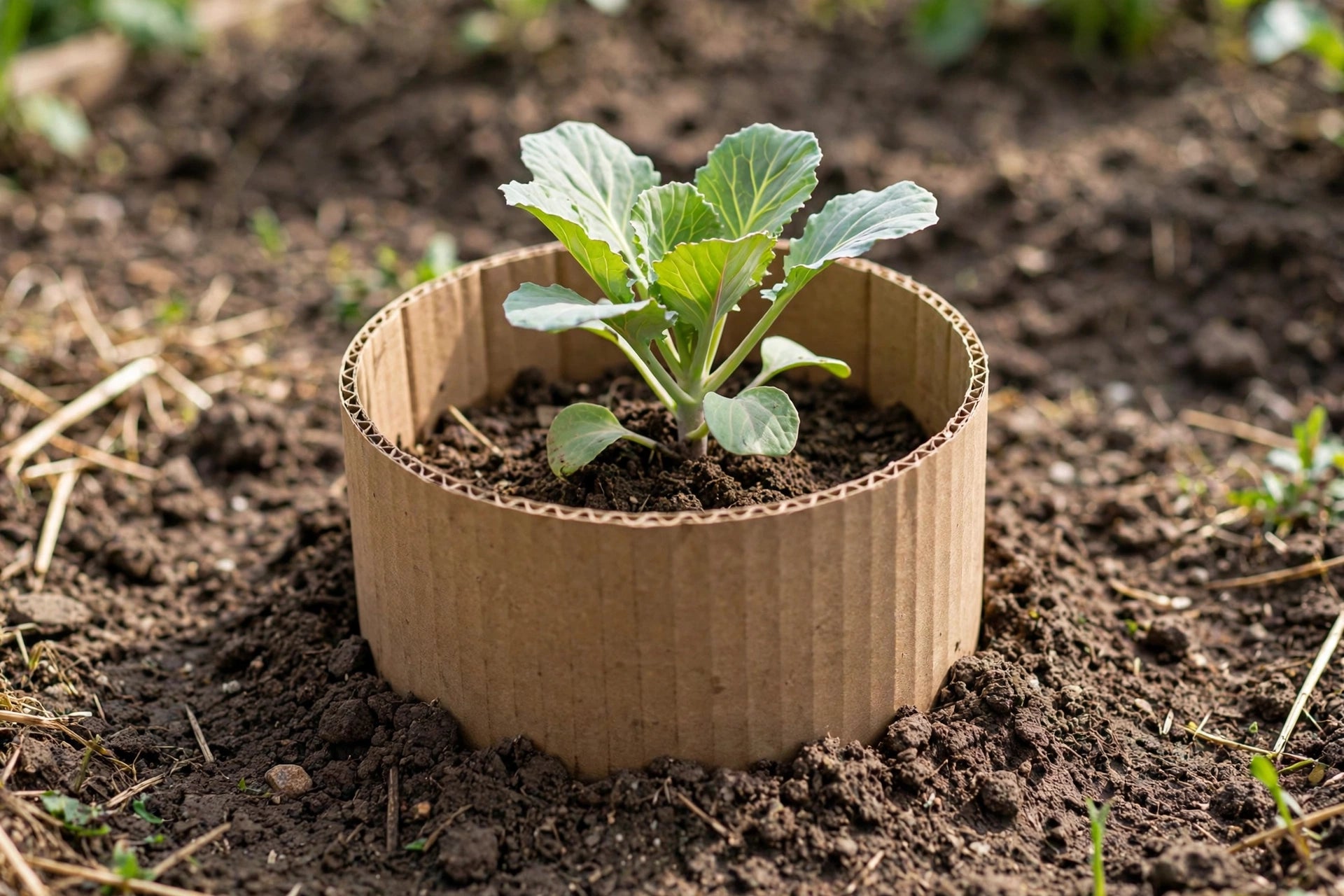 cardboard collar fitted snugly around a young cabbage transplant in a garden bed, soil pressed around its base