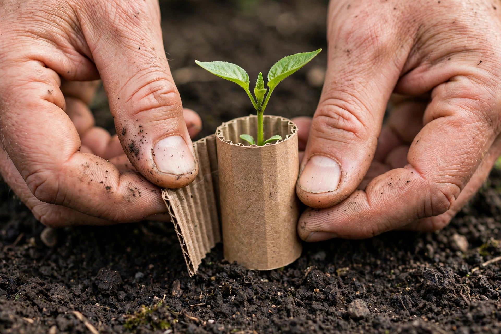 gardener's hands fitting a cardboard collar snugly around a young pepper seedling stem