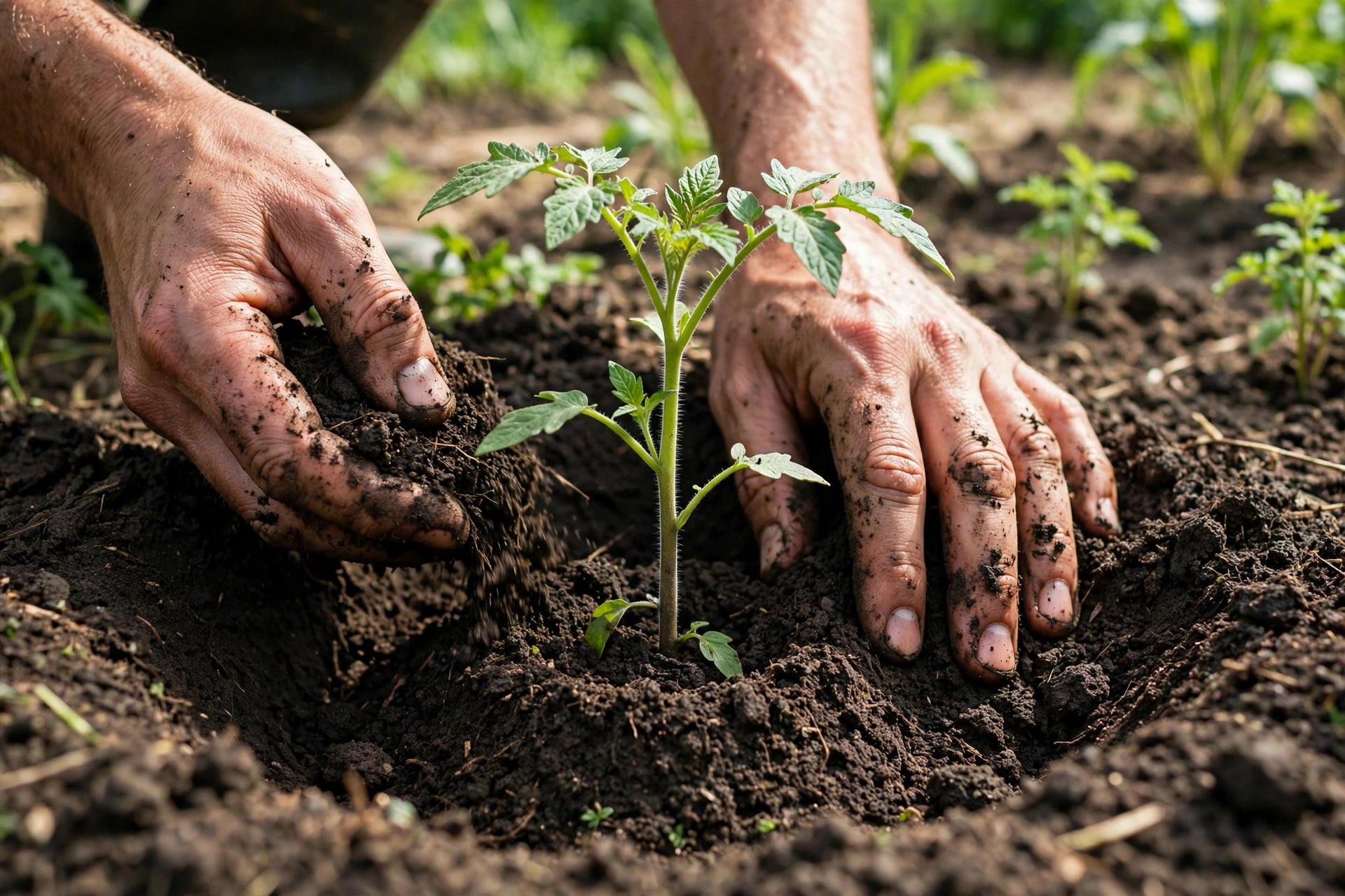 hands planting a tomato seedling deep in garden soil, burying the lower stem