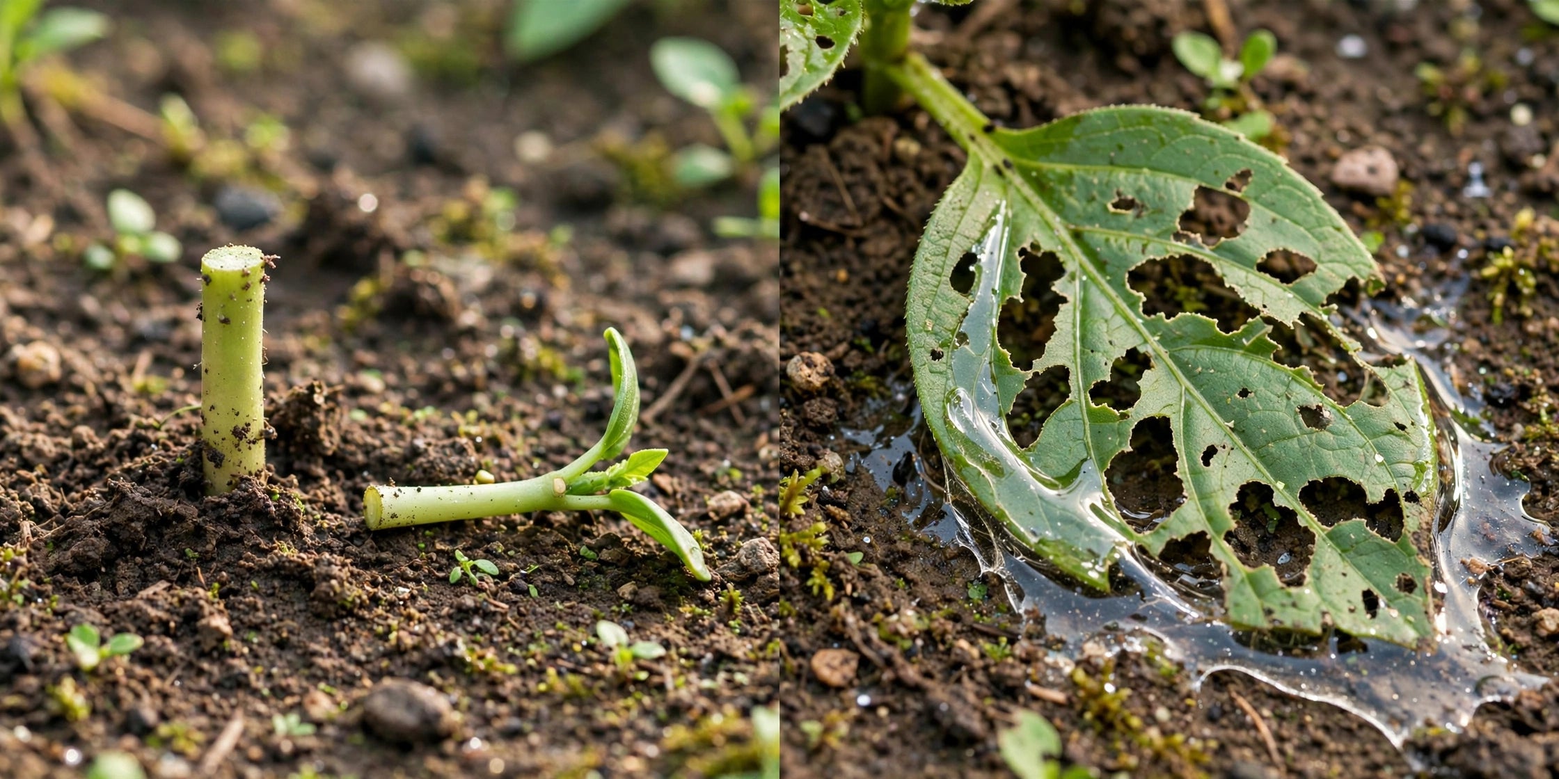 side-by-side garden scene: a seedling cut cleanly at the soil line next to a leaf with ragged holes and a glistening slime trail