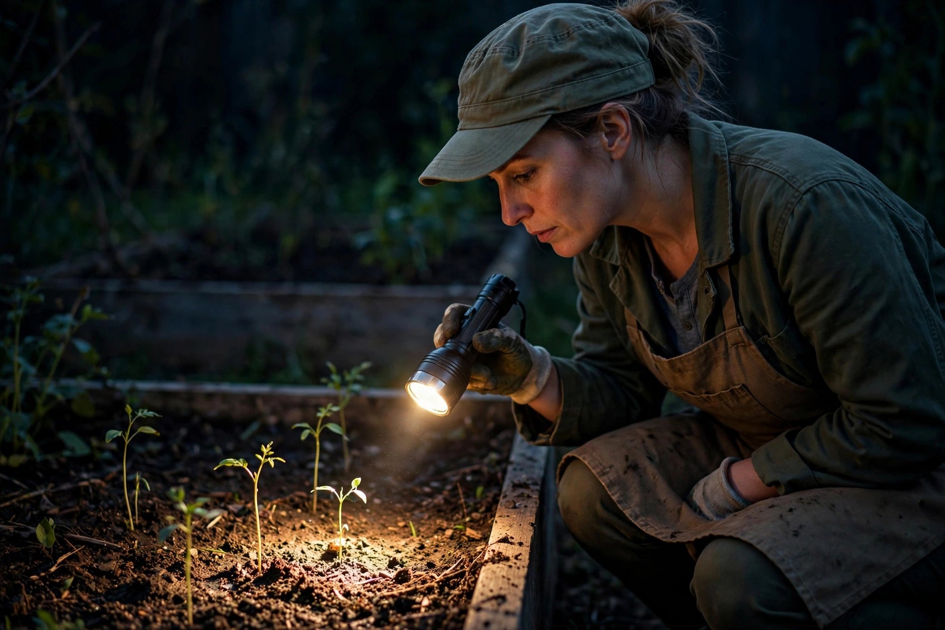 gardener with a flashlight inspecting the base of seedlings in a garden bed at night, beam focused on the soil surface