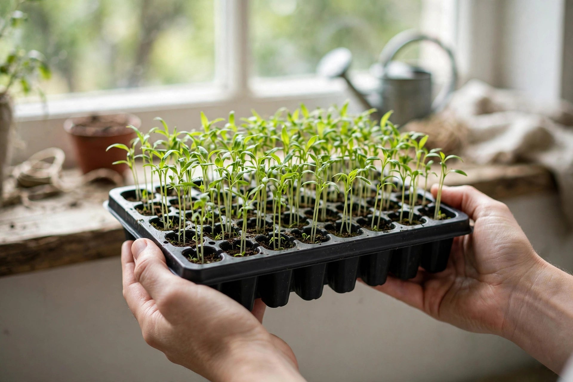 Photorealistic image of hands gently removing a collapsed seedling from a seedling tray with tweezers, other healthy seedlings nearby, bright indoor growing setup with grow light, no text in image