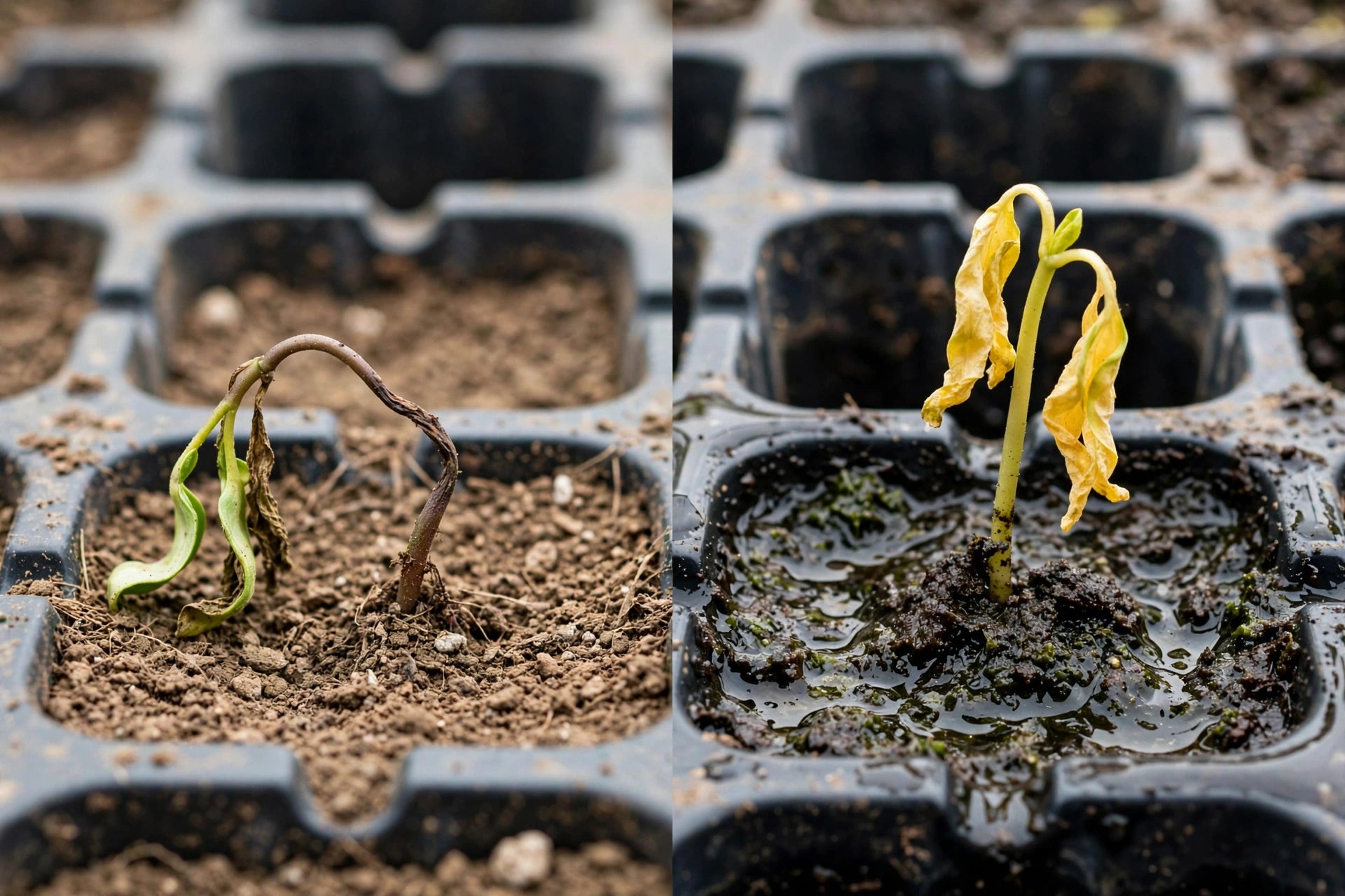 Photorealistic split-view of two seedling cells side by side: left cell shows a seedling collapsed with a pinched brown stem at the soil line, right cell shows a yellowing wilted seedling in soggy dark mix with an intact stem, soft daylight, no text in image