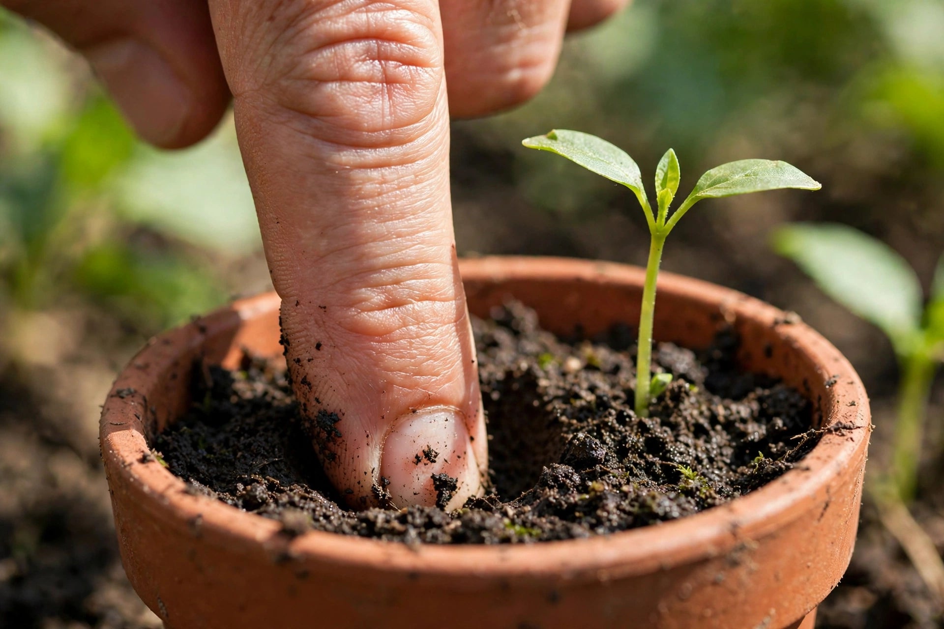 Photorealistic gardener's hands gently lifting a seedling from its cell to inspect the roots, some roots white and firm, a small dish of water and a clean tray nearby, bright natural light, no text in image