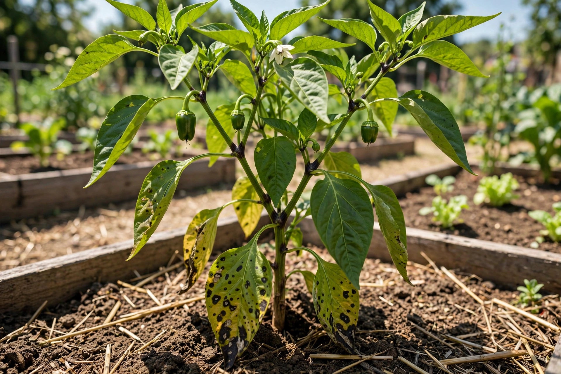 Photorealistic pepper plant with dark spots on lower leaves, bell peppers developing on the plant, sunny vegetable garden bed, no text in image