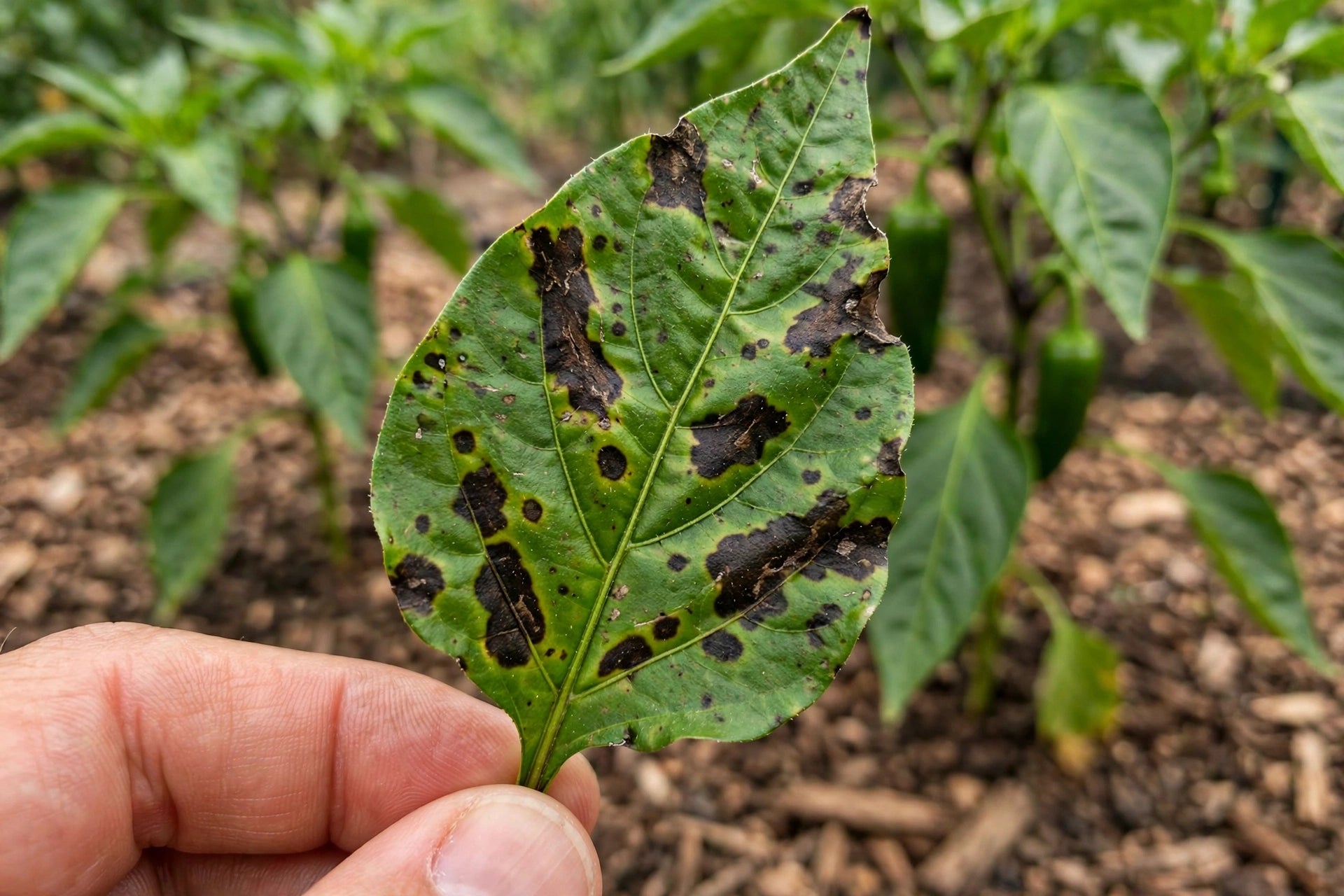 Photorealistic close-up of a pepper leaf with dark spots being held up for inspection, pepper plants and mulch in background, no text in image