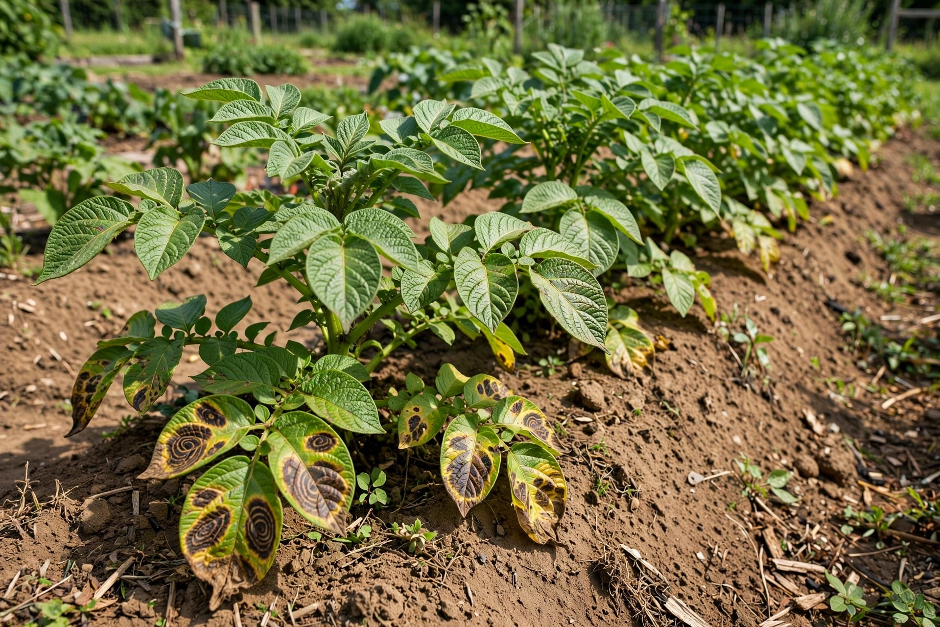 Photorealistic potato plants in a garden row with early blight target-spot lesions on lower leaves, hilled soil rows, sunny vegetable garden, no text in image