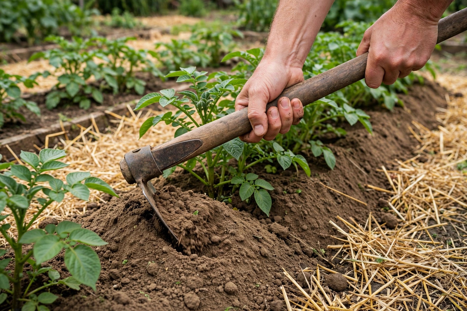 Photorealistic hands hilling soil up around potato plants with a hoe, straw mulch visible between rows, vegetable garden, no text in image