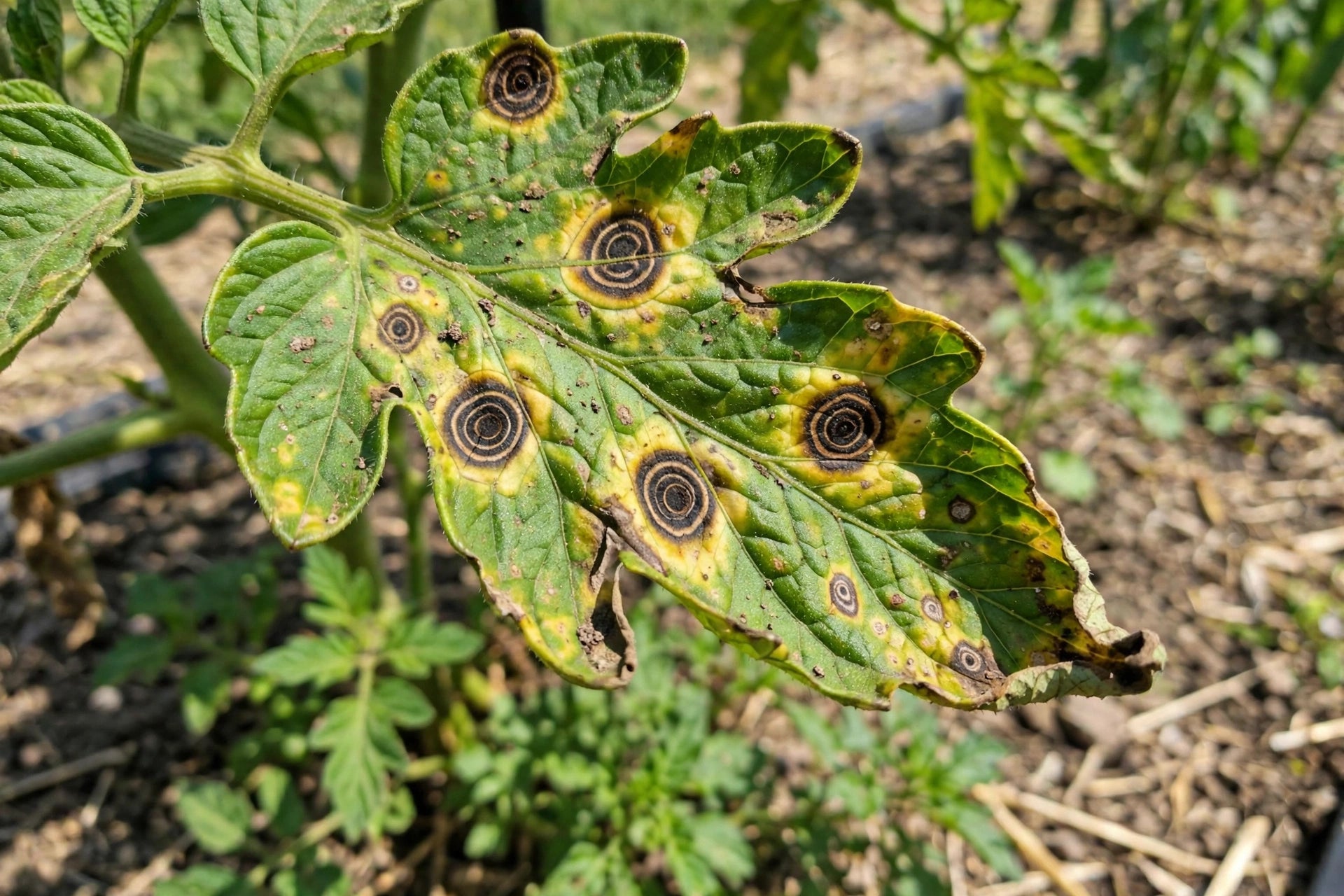 Photorealistic close-up of a tomato leaf with classic early blight lesions: dark brown concentric target-ring spots with yellow halos, lower foliage of a tomato plant in a sunny vegetable garden, no text in image