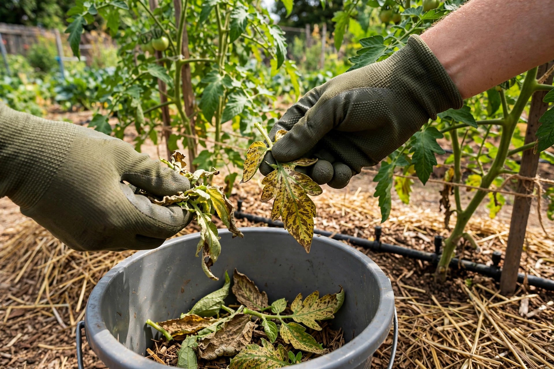 Photorealistic image of hands in garden gloves removing spotted lower tomato leaves into a bucket, mulched tomato bed with drip irrigation line visible, sunny vegetable garden, no text in image